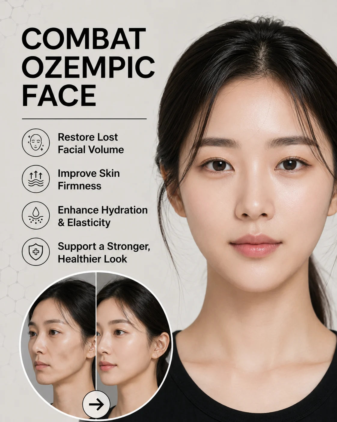 Illustrative female visualization of facial volume loss beside a restored-volume concept