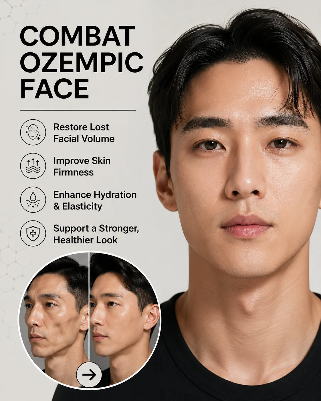 Illustrative male visualization of facial volume loss beside a restored-volume concept